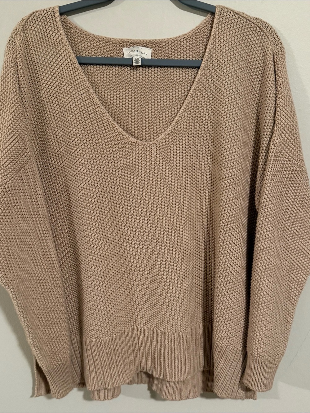 Lucky Brand Chunky Knit V-Neck Sweater Large Neutral Beige Oversized Cozy